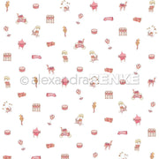 Zirkusmotiv mit Karussells, Clowns, Tieren und Heißluftballons auf weißem Grund - ideal für Papierprojekte oder einzigartige Grußkarten mit Alexandra Renke Designpapier.