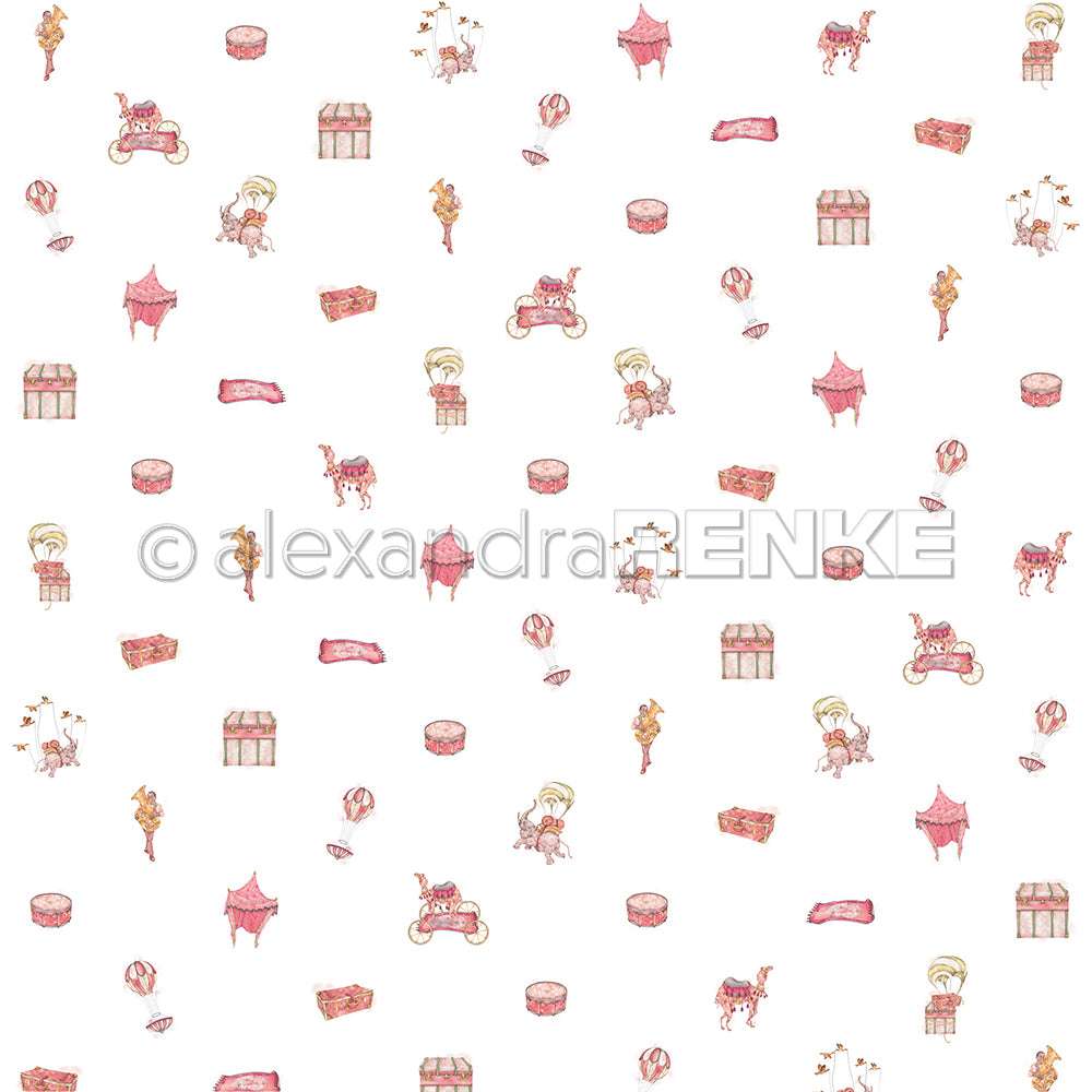 Zirkusmotiv mit Karussells, Clowns, Tieren und Heißluftballons auf weißem Grund - ideal für Papierprojekte oder einzigartige Grußkarten mit Alexandra Renke Designpapier.