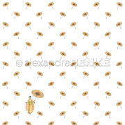 Muster aus gelben Sonnenschirmen auf weißem Grund, mit einer Person in traditioneller Tracht, die einen Sonnenschirm hält - Alexandra Renke Designpapier ideal für Grußkarten oder einzigartige Papierprojekte.