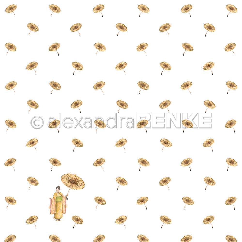Muster aus gelben Sonnenschirmen auf weißem Grund, mit einer Person in traditioneller Tracht, die einen Sonnenschirm hält - Alexandra Renke Designpapier ideal für Grußkarten oder einzigartige Papierprojekte.
