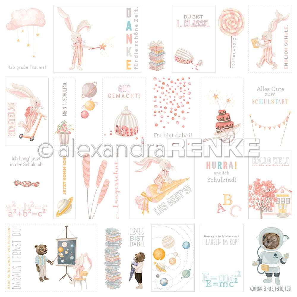 Eine Pastellcollage von Alexandra Renke mit Schulmotiven, Tieren, Büchern und deutschen Motivationssprüchen - ideal für Grußkarten oder kreatives Designpapier in Ihren Papierprojekten.