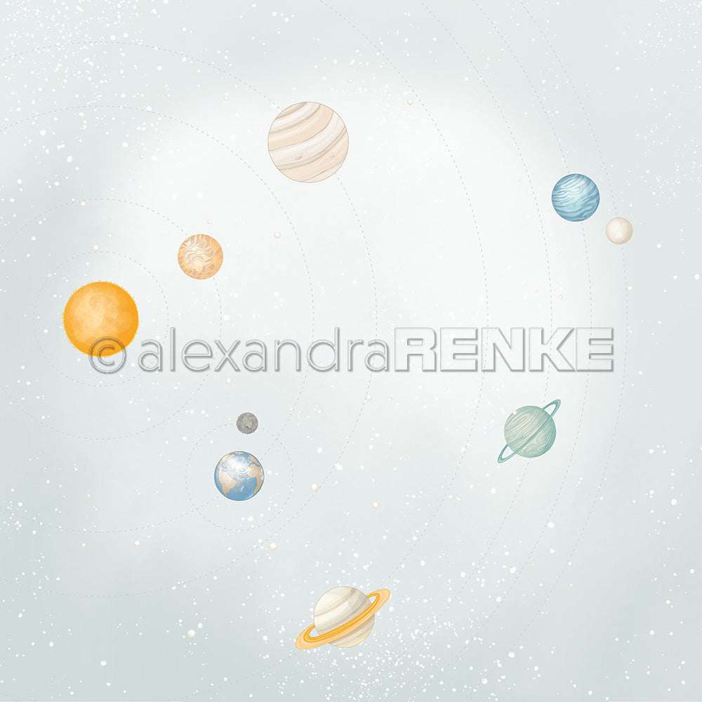 Illustration des Sonnensystems mit Sonne und acht Planeten auf weichem, sternenklaren Hintergrund - ideal als Alexandra Renke Designpapier für Papierprojekte oder kreative Buchbinderei.