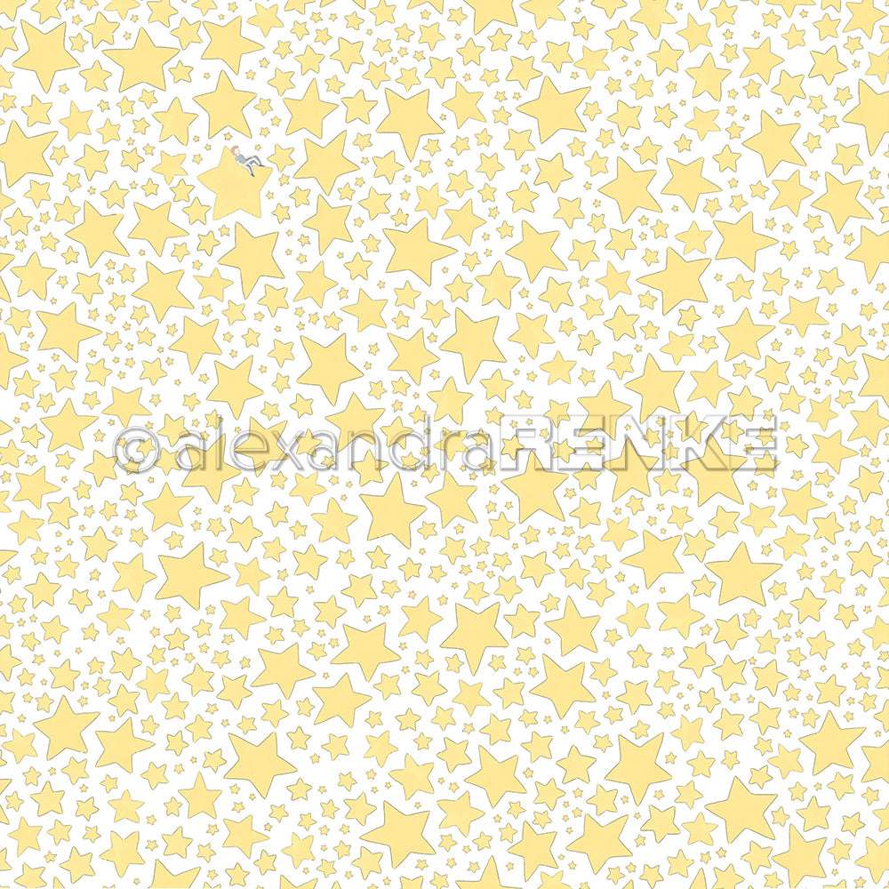 Dieses Alexandra Renke Designpapier zeigt gelbe Sterne in verschiedenen Größen auf weißem Hintergrund - ideal für Grußkarten und kreative Papierprojekte.