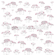 Handgezeichnete Pilzgruppen mit rosa Kappen auf weißem Hintergrund, die über das ganze Bild verstreut sind - perfekt für Designpapier oder Papierprojekte von Alexandra Renke.