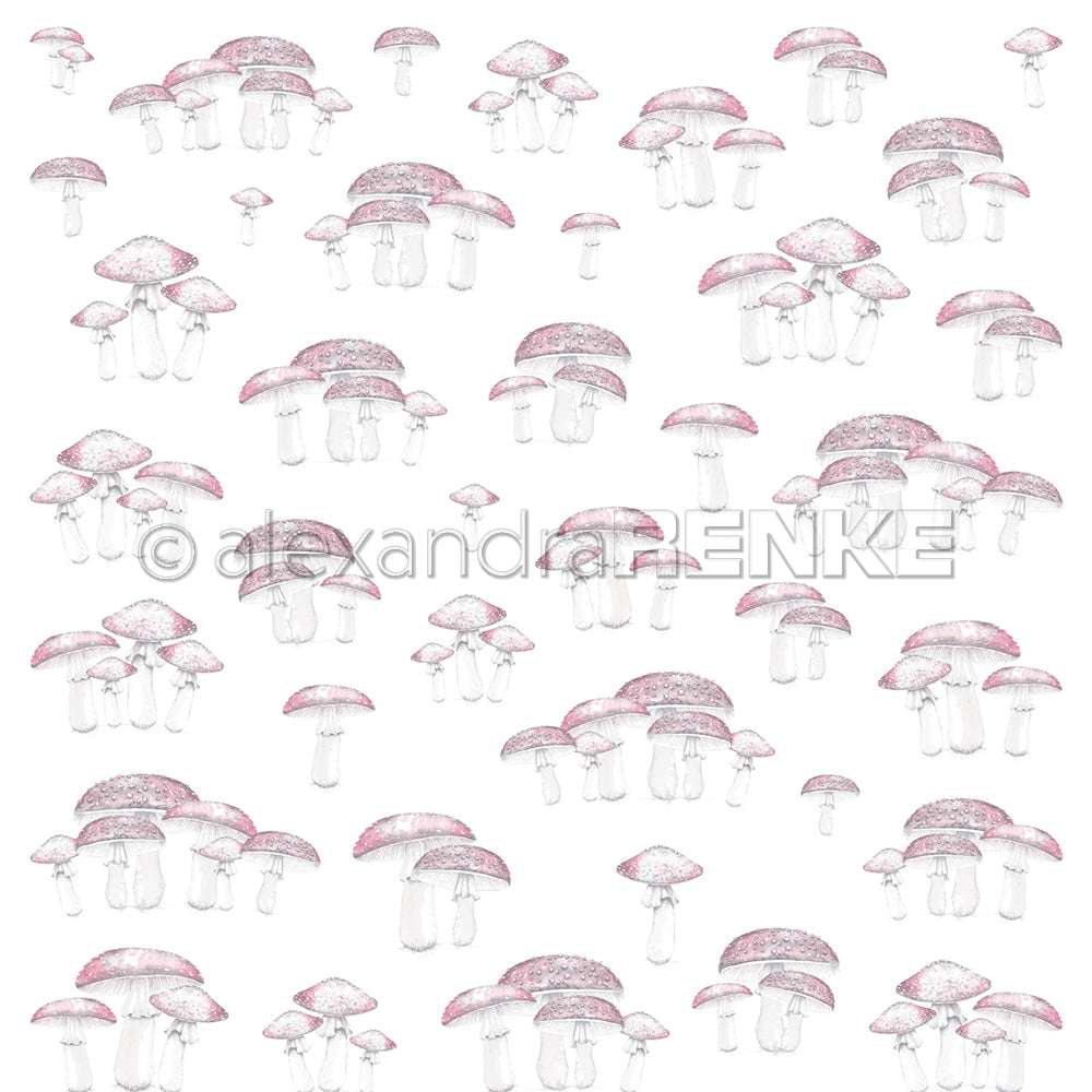 Handgezeichnete Pilzgruppen mit rosa Kappen auf weißem Hintergrund, die über das ganze Bild verstreut sind - perfekt für Designpapier oder Papierprojekte von Alexandra Renke.