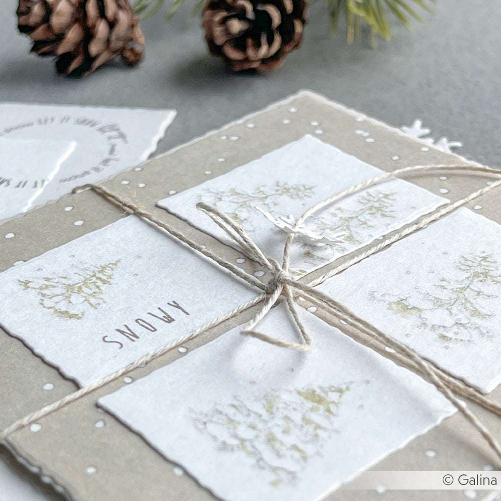 Das Geschenk ist in braunem Designpapier von Alexandra Renke mit Schnur verpackt und mit weißen Karten mit dezenten Baumskizzen verziert. Tannenzapfen in der Nähe vervollständigen den rustikalen Winterlook.