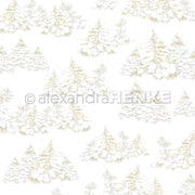 Muster von schneebedeckten Tannenbäumen in hellen Farben auf Weiß skizziert, perfekt für Grußkarten oder elegantes Designpapier von Alexandra Renke.