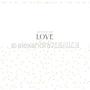 Weißer Hintergrund mit kleinen goldenen Herzen und "Did you feel that LOVE all around us" in der Mitte. Ideal für Grußkarten oder Designpapier, um Ihre nächsten Papierprojekte zu inspirieren. Von Alexandra Renke.