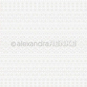 Weißer Hintergrund mit zarten geometrischen und floralen Spitzenmustern in horizontalen Streifen - Alexandra Renke Designpapier ist ideal für Papierprojekte oder um Ihren Bastelarbeiten einen Hauch von Eleganz zu verleihen - Stickmuster Hellgrau.