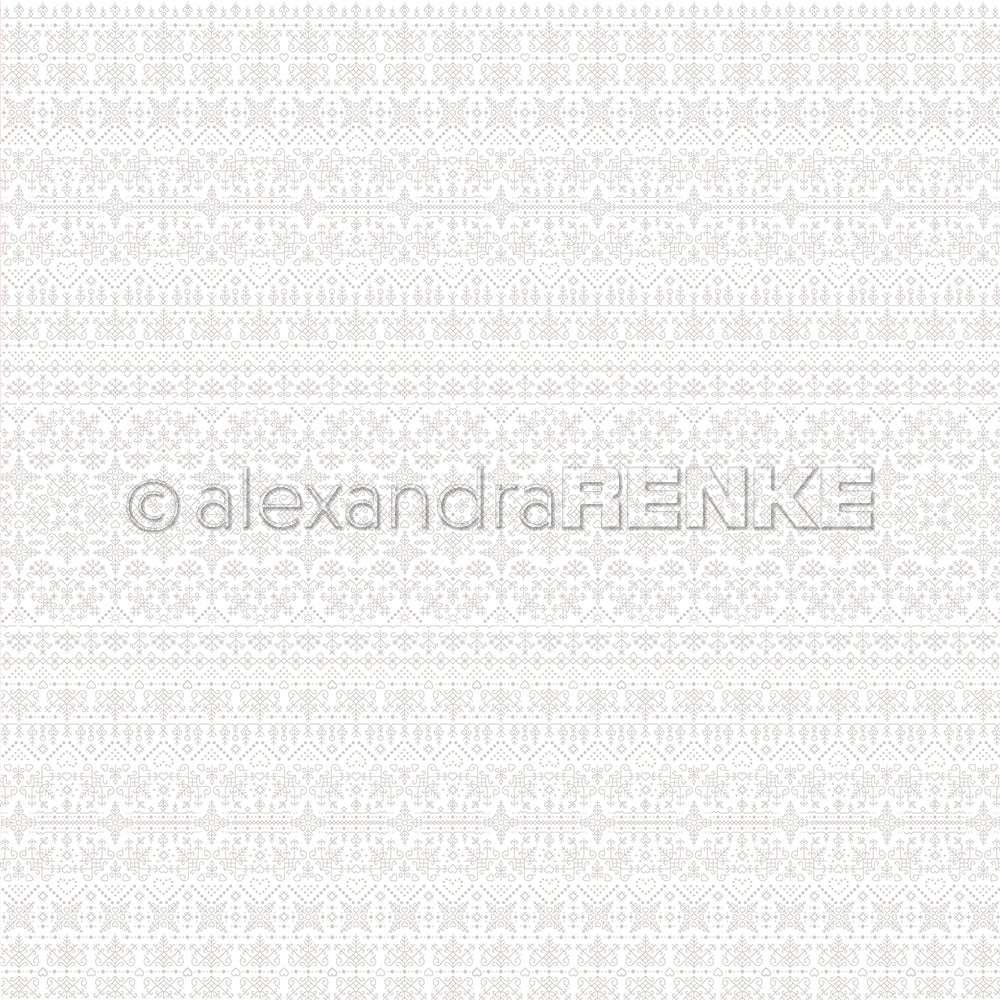 Weißer Hintergrund mit zarten geometrischen und floralen Spitzenmustern in horizontalen Streifen - Alexandra Renke Designpapier ist ideal für Papierprojekte oder um Ihren Bastelarbeiten einen Hauch von Eleganz zu verleihen - Stickmuster Hellgrau.