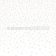 Zarte, verstreute weiße Blumen auf weißem Hintergrund mit einem Wasserzeichen von Alexandra Renke - ideal für Papierprojekte oder als elegantes Designerpapier.