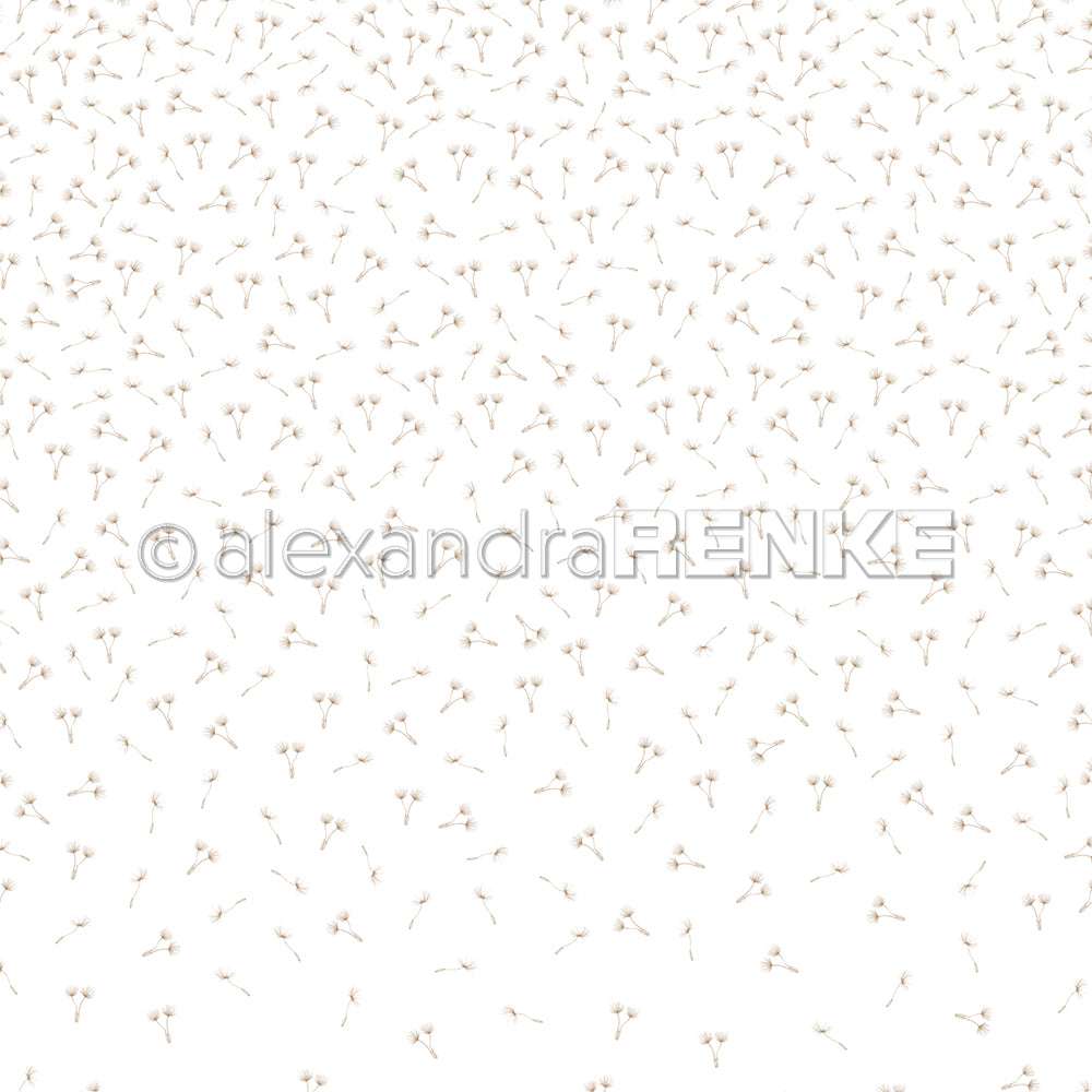 Zarte, verstreute weiße Blumen auf weißem Hintergrund mit einem Wasserzeichen von Alexandra Renke - ideal für Papierprojekte oder als elegantes Designerpapier.