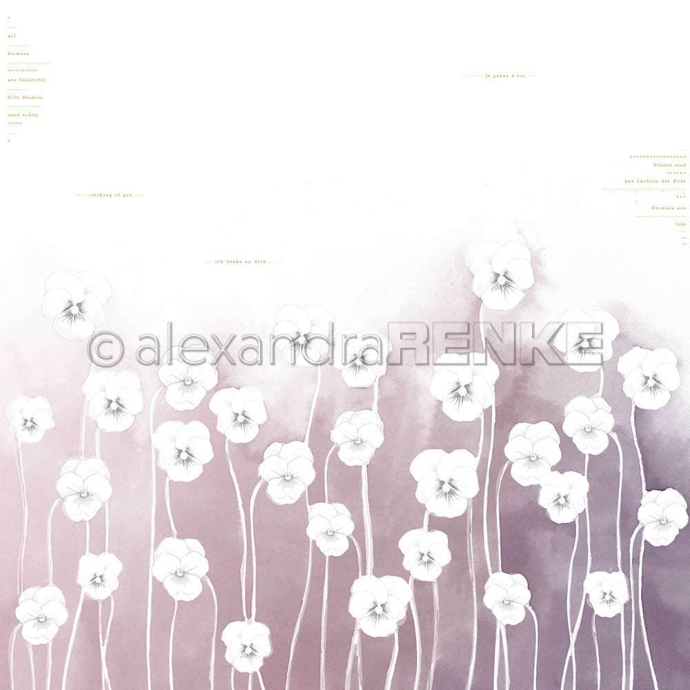 Aquarell-Illustration von Alexandra Renke mit weißen Blumen mit langen Stielen auf einem lila Hintergrund mit Farbverlauf, ideal für Grußkarten oder als einzigartiges Designpapier, mit zarten Textakzenten.