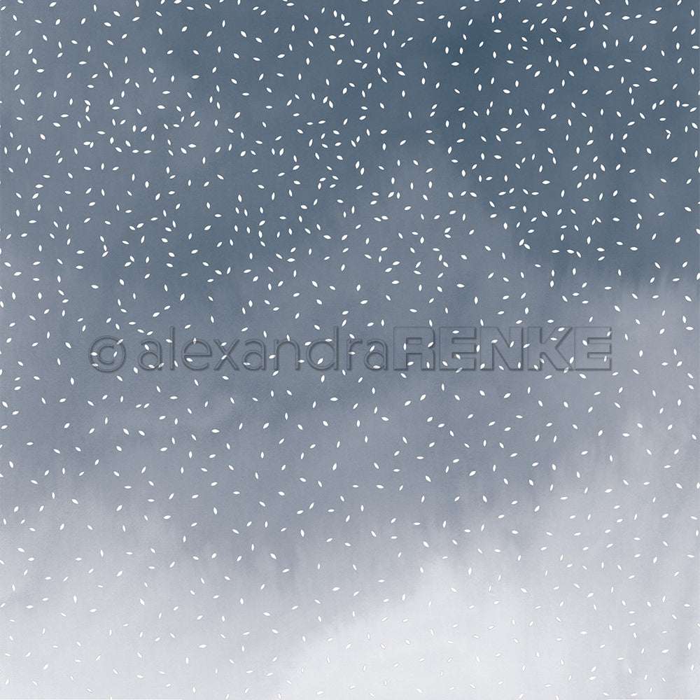 Weiße Flecken auf einem wolkenverhangenen blaugrauen Hintergrund erinnern an fallenden Schnee - ideal für Designpapier und einzigartige Papierprojekte von Alexandra Renke.