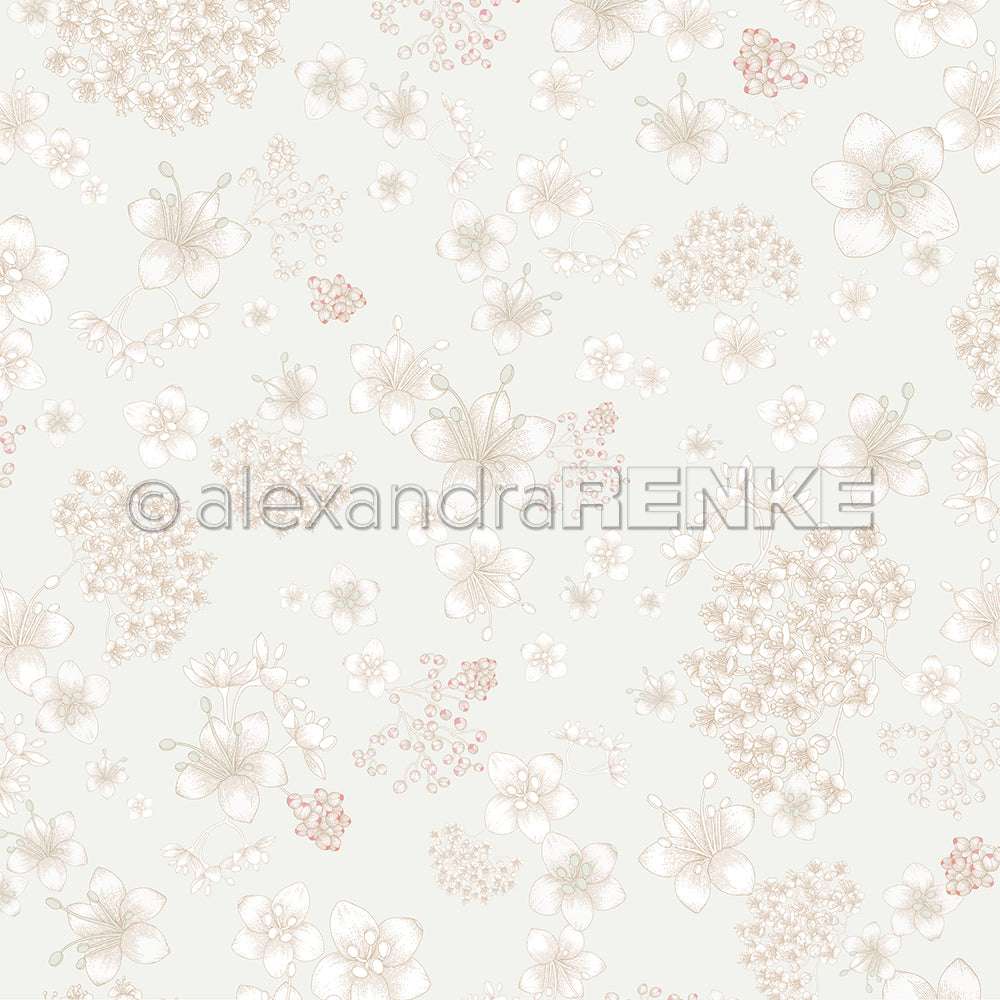 Zartes beige-rosa Blumenmuster auf hellem Hintergrund mit dezentem Wasserzeichen von Alexandra Renke, perfekt für Papierprojekte oder als elegantes Designpapier für Grußkarten.