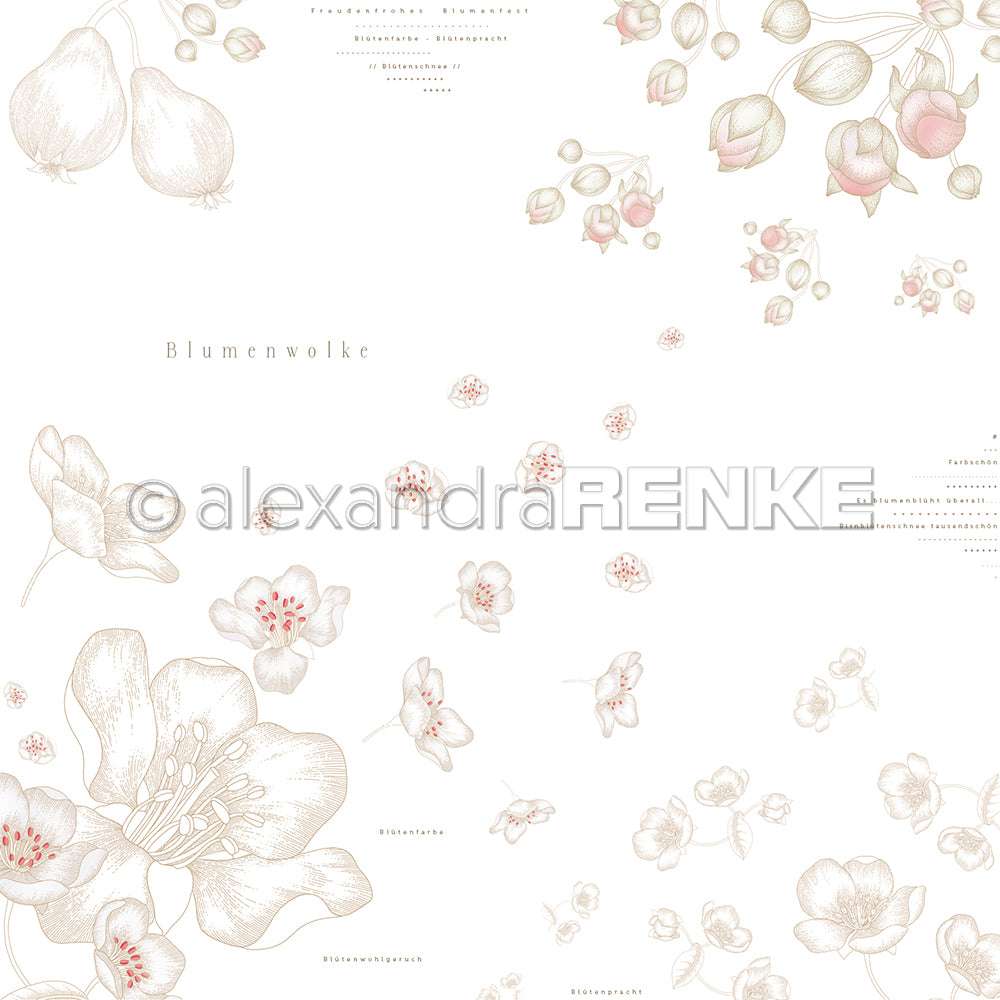 Zarte, handgezeichnete Blüten und Knospen mit zartrosa Akzenten auf Weiß - dieses Designpapier von Alexandra Renke ist perfekt für Grußkarten oder Papierprojekte.