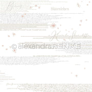 Weißer Hintergrund mit zarter Schrift, zartrosa Blumenakzenten und feinen handgeschriebenen Linien - perfektes Designpapier von Alexandra Renke für Buchbinderei oder elegante Papierprojekte.