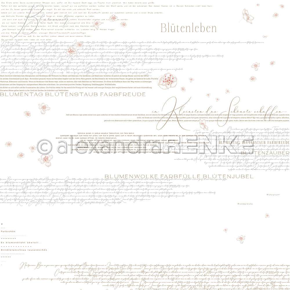 Weißer Hintergrund mit zarter Schrift, zartrosa Blumenakzenten und feinen handgeschriebenen Linien - perfektes Designpapier von Alexandra Renke für Buchbinderei oder elegante Papierprojekte.