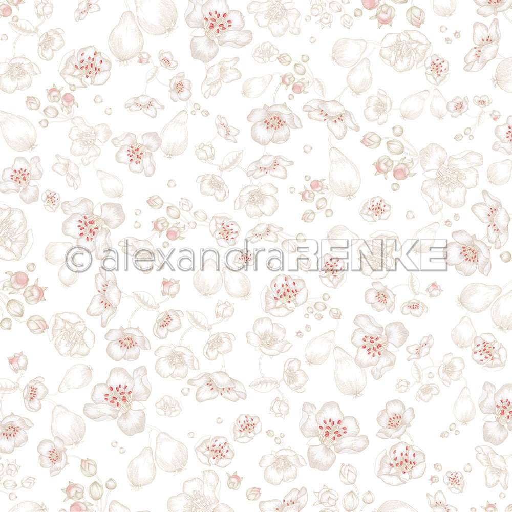 Zartes weiß-rosa Blumenmuster mit hellgrünen Blättern auf weißem Hintergrund - ideales Designpapier von Alexandra Renke für Papierprojekte oder Buchbinderei.