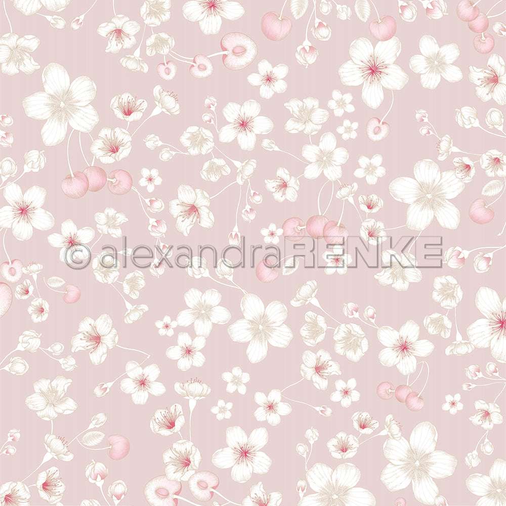 Hellrosa Hintergrund mit zarten weißen und rosafarbenen Blumen- und Kirschmustern - perfekt für Grußkarten oder als elegantes Designpapier von Alexandra Renke, mit einem dezenten Wasserzeichen in der Mitte.