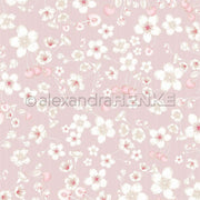 Hellrosa Hintergrund mit zarten weißen und rosafarbenen Blumen- und Kirschmustern - perfekt für Grußkarten oder als elegantes Designpapier von Alexandra Renke, mit einem dezenten Wasserzeichen in der Mitte.