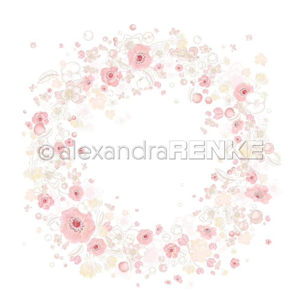 Der Apfelblüten-Kranz Designpapier von Alexandra Renke zeigt einen Kranz aus rosa und cremefarbenen Blüten mit Blättern auf weißem Grund - ideal für charmante Papierprojekte.