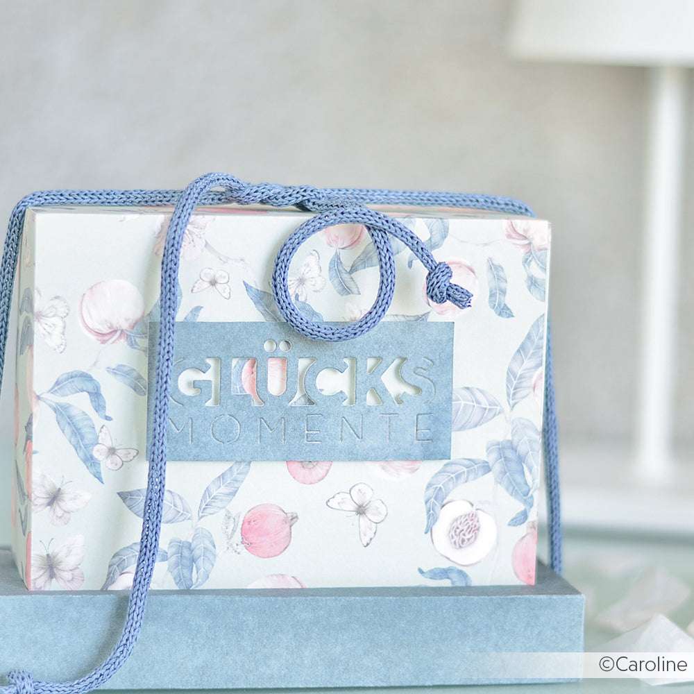 Geschenkkarton von Alexandra Renke mit floralem Designpapier und blauem Seilgriff, beschriftet mit GLÜCKSMOMENTE - ideal für Papierprojekte - auf einem weichen, hellen Hintergrund.