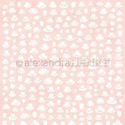 Ein Muster aus verschiedenen weißen Teetassen und Untertassen auf einem zartrosa Hintergrund von Alexandra Renke - ideal für Designpapier oder Papercraft-Projekte in der Buchbinderei.