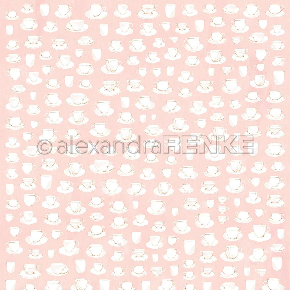 Ein Muster aus verschiedenen weißen Teetassen und Untertassen auf einem zartrosa Hintergrund von Alexandra Renke - ideal für Designpapier oder Papercraft-Projekte in der Buchbinderei.