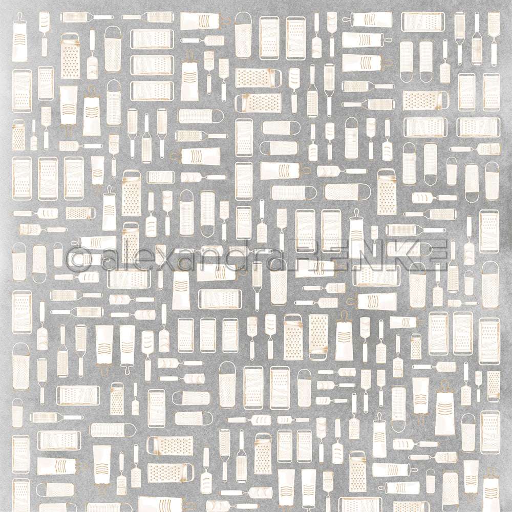 Ein nahtloses Muster verschiedener Küchenreibe und Zesten von Alexandra Renke auf grauem Hintergrund, ideal für Designpapier oder kreative Papierprojekte wie Grußkarten.