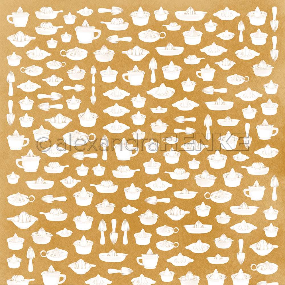 Muster aus weißen Zitruspressen, Zitruspressen-Allerlei-Reiben und Teetassen auf braunem Hintergrund von Alexandra Renke-ideal für Papierprojekte oder als einzigartiges Designpapier.