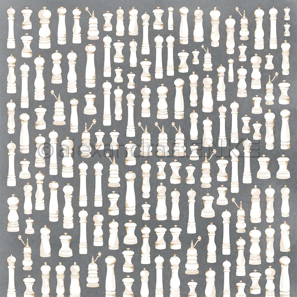 Muster aus verschiedenen weißen Schachfiguren in Reihen angeordnet auf grauem Hintergrund - perfektes Designpapier von Alexandra Renke für Grußkarten oder kreative Papierprojekte.