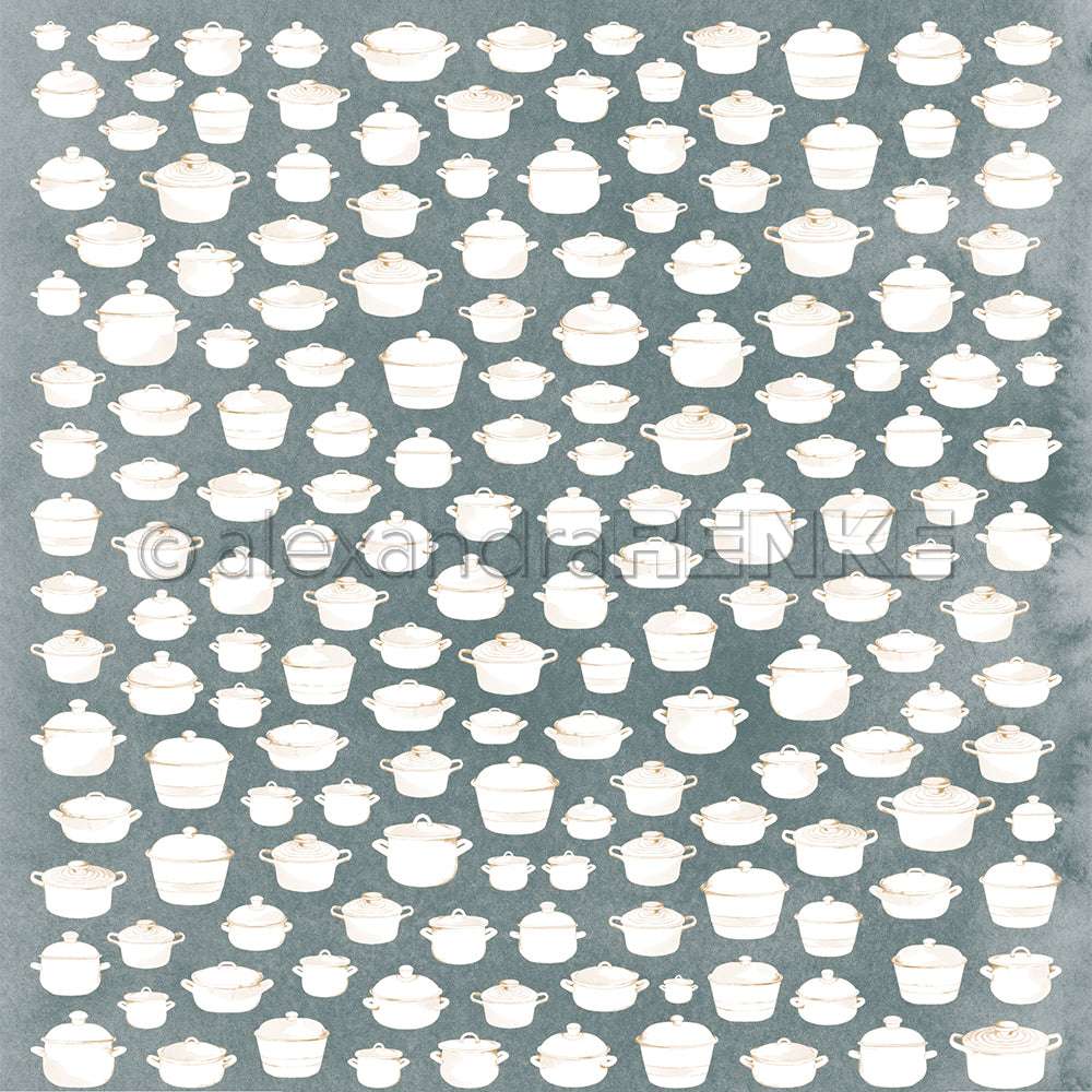 Kleine, weiße Suppentöpfe mit Deckel sind auf einem strukturierten dunkelgrauen Hintergrund angeordnet - dieses Alexandra Renke Designpapier ist ideal für kreative Papierprojekte oder einzigartige Buchbinderei.