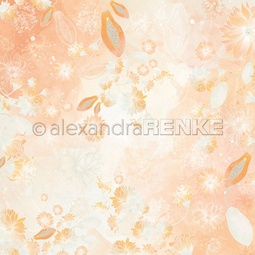 Zartes pastellfarbenes Blumenmuster mit orangen und pfirsichfarbenen Blüten und Blättern auf hellem Hintergrund - perfektes Alexandra Renke Designpapier für Papierprojekte wie Grußkarten.