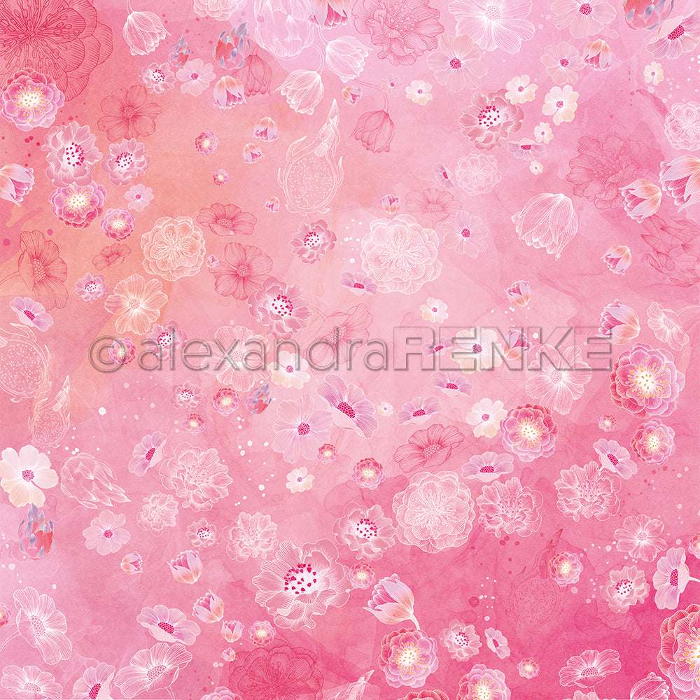 Rosa Blumenmuster von Alexandra Renke: zarte weiße und rosa Blumen auf einem aquarellartigen rosa Hintergrund - perfektes Designpapier für Papierprojekte, inspiriert von der zauberhaften Drachenfrucht Blütenwelt.