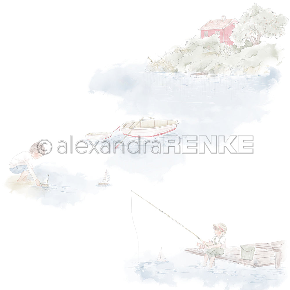 Ein Junge segelt auf einem Spielzeugboot, ein Motorboot schwimmt, ein anderer fischt in der Nähe eines roten Hauses - eine ideale Inspiration für Papierprojekte mit Alexandra Renke Designpapier Sommerfreude Angeln.