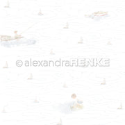 Aquarellmuster von Alexandra Renke mit Kindern, kleinen Booten und Segelbooten auf weißem Grund - ideales Designpapier für einzigartige Papierprojekte.