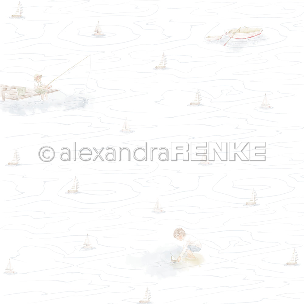 Aquarellmuster von Alexandra Renke mit Kindern, kleinen Booten und Segelbooten auf weißem Grund - ideales Designpapier für einzigartige Papierprojekte.