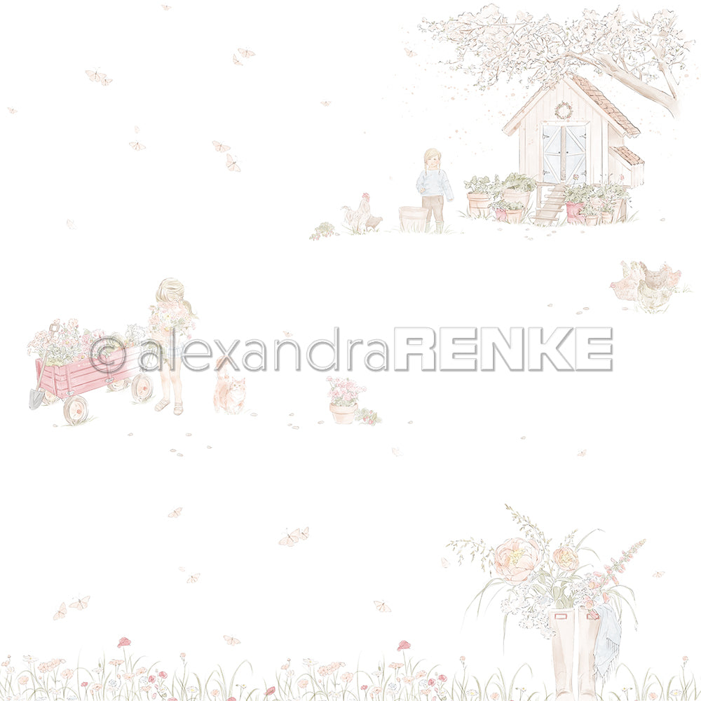 Bezaubernde Gartengestaltung von Alexandra Renke mit Kindern, Blumen, Hühnern und einem Schuppen auf Weiß - ideal für Papierprojekte oder zum Basteln einzigartiger Grußkarten.