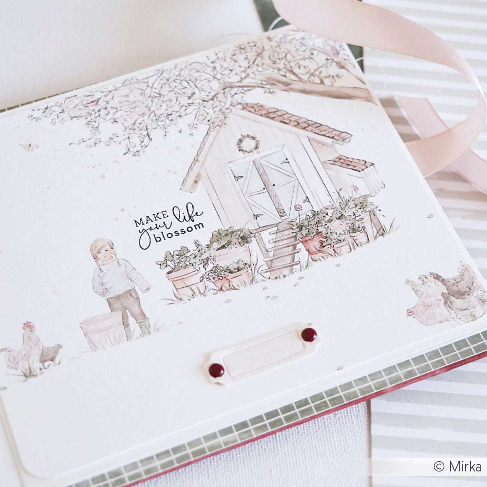 Illustrierte Karte von Alexandra Renke mit einem Häuschen, einem Mädchen, Hühnern und dem Text "MAKE the Wish Blossom", verziert mit Schleifenband - ideal zum Papierbasteln oder in Kombination mit speziellem Designpapier der Buchbinderei.