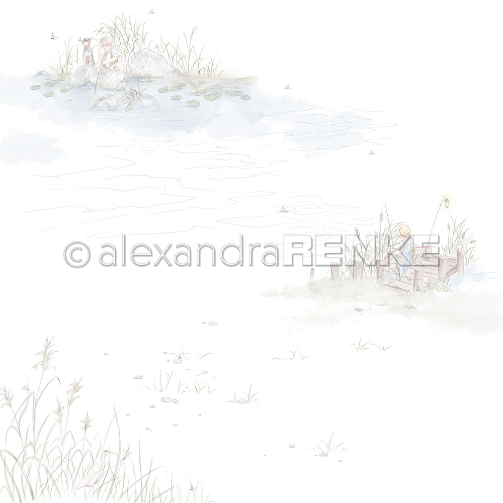 Kinder angeln auf einem Steg mit Enten und hohem Gras an einem Teich - eine zarte Aquarellillustration von Alexandra Renke, ideal für Papierprojekte oder herzliche Grußkarten.
