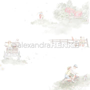 Kinder spielen im Freien: Sie lassen einen Drachen aus Alexandra Renke Designpapier steigen, sitzen auf einem Zaun, fahren Fahrrad und entspannen sich in einem Bollerwagen.