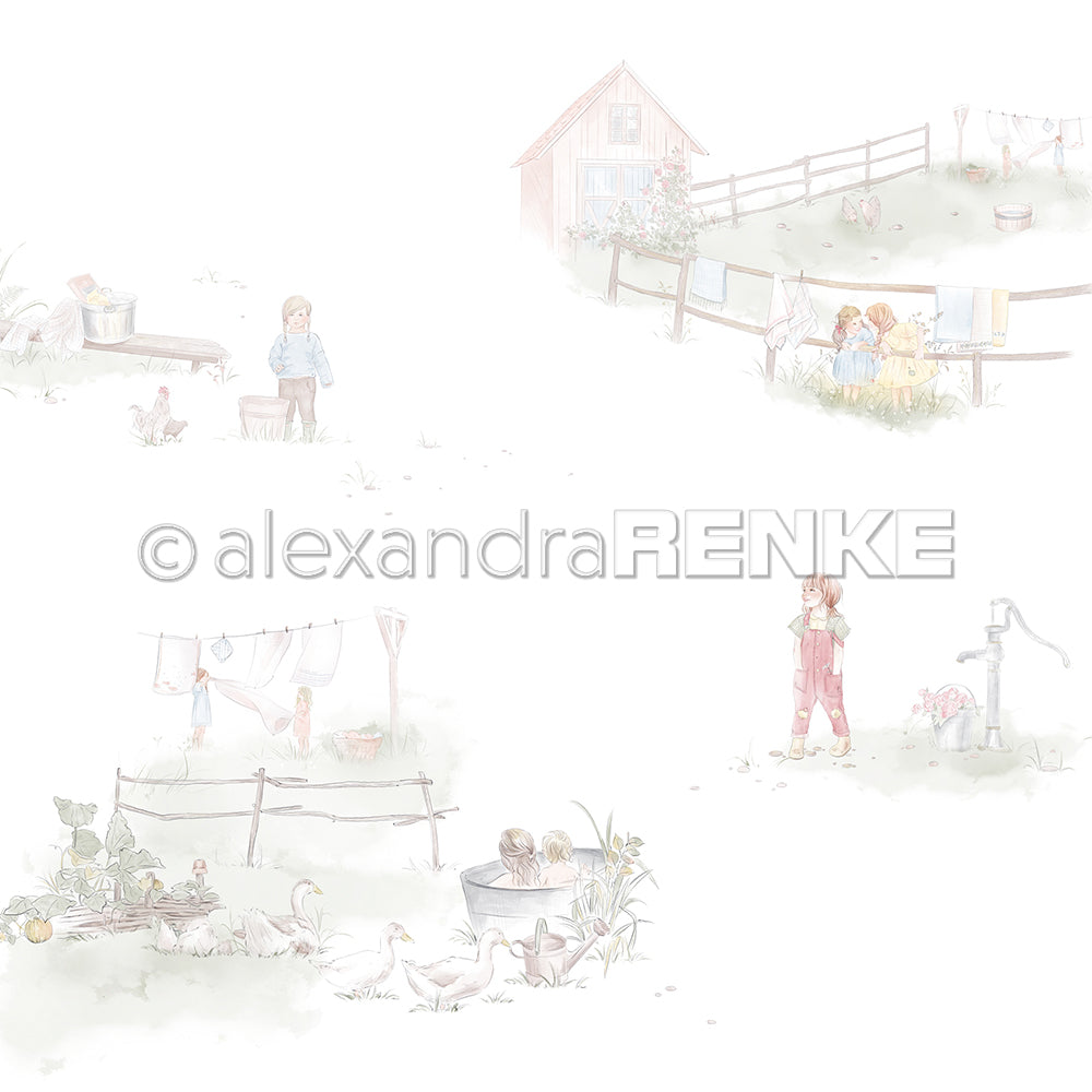 Kinder bei der Hausarbeit und beim Spielen auf einem Bauernhof mit Tieren und Wäsche, illustriert in sanften Pastellfarben - perfektes Designpapier von Alexandra Renke für inspirierende Papierprojekte oder charmante Buchbinderei.