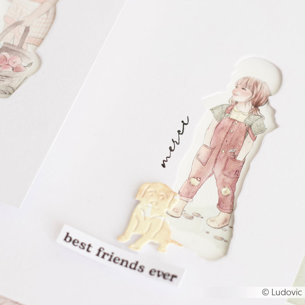 Illustration eines Kindes in Latzhose mit einem Welpen, beschriftet mit "best friends ever" und "merci" auf weißem Papier - perfekt als charmantes Designpapier oder für Papierprojekte von Alexandra Renke.
