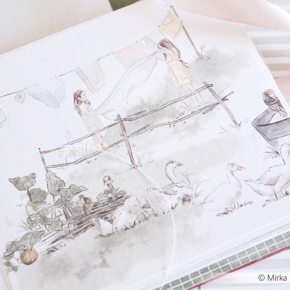 Aquarellillustration von Alexandra Renke von Kindern beim Wäscheaufhängen im Freien, mit Enten und Pflanzen im Vordergrund - ideal für Papierprojekte oder als charmantes Designpapier.