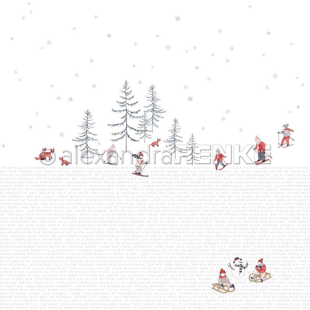 Kinder beim Schlittenfahren und Skifahren zwischen verschneiten Bäumen, Tieren und einem Schneemann unter fallenden Schneeflocken - die perfekte winterliche Inspiration für Alexandra Renke Papierprojekte oder kreative Designpapierideen.