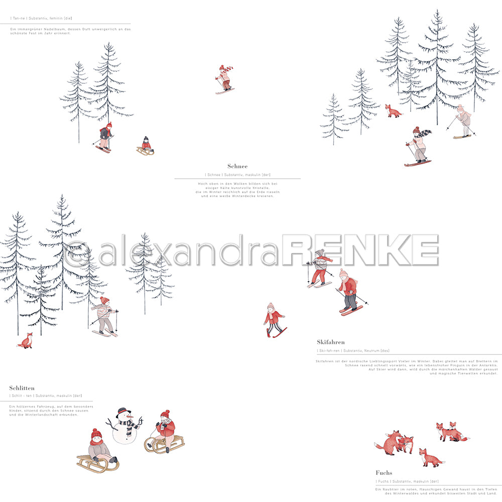 Kinder rodeln, fahren Ski und spielen im Schnee unter hohen Tannen, während Rotfüchse in der Nähe sind - genau wie eine Szene von Alexandra Renke Designpapier, perfekt für winterliche Papierprojekte.
