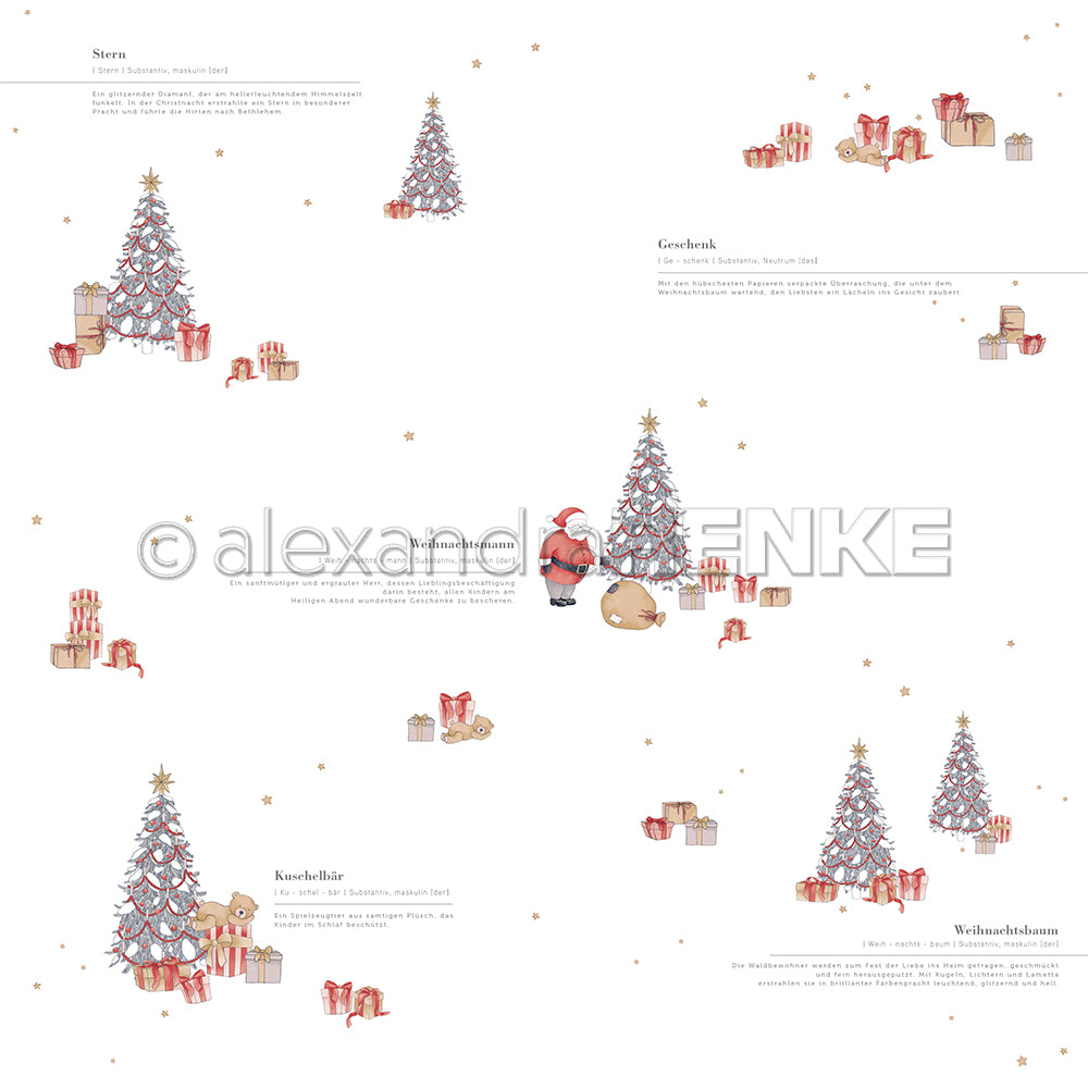 Festliches Designpapier von Alexandra Renke mit nahtlosen Weihnachtsbäumen, Geschenken, Teddybären, Sternen und deutschen Wörtern wie Weihnachtsmann auf weißem Hintergrund - ideal für Ihre Weihnachtspapierprojekte.