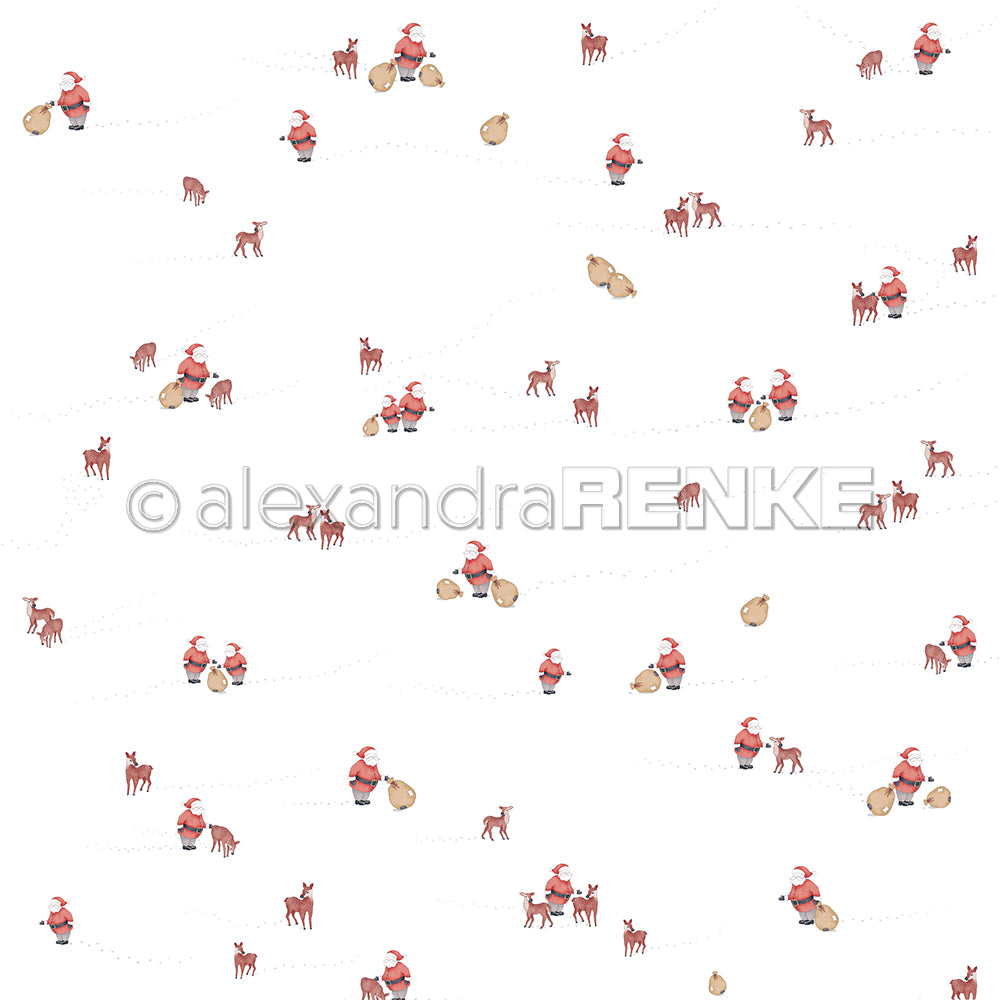 Muster aus kleinen Weihnachtsmännern, Rentieren und Geschenksäcken auf weißem Untergrund - Alexandra Renkes Weihnachtsmann-Gewusel Designpapier ist perfekt für Ihre festlichen Papierprojekte.
