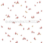 Muster aus kleinen Weihnachtsmännern, Rentieren und Geschenksäcken auf weißem Untergrund - Alexandra Renkes Weihnachtsmann-Gewusel Designpapier ist perfekt für Ihre festlichen Papierprojekte.